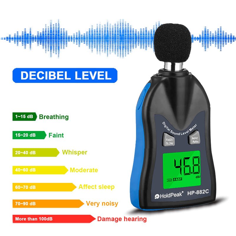 [Australia - AusPower] - HOLDPEAK 882C Decibel Meter,Digital Sound Level Meter 30-130dBA,Noise Volume Measuring Instrument Decibel Monitoring Tester,Max/Min Hold Data,Sensor LCD Backlight Display(Battery Included A-Decibel Meter 882C (30-130dBc) 