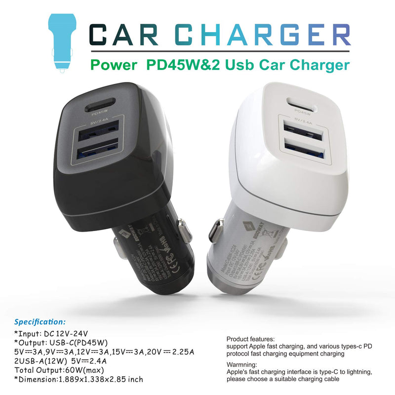[Australia - AusPower] - USB C Car Charger, E EGOWAY 60W 3-Port Type C Car Adapter Power Supply with 45W PD Port & 2 USB A Ports Compatible with Mac Book Pro/Air 2018 i-Pad Pro i-Phone Xs/Max/XR/X/8 S10/S9 and More Black 