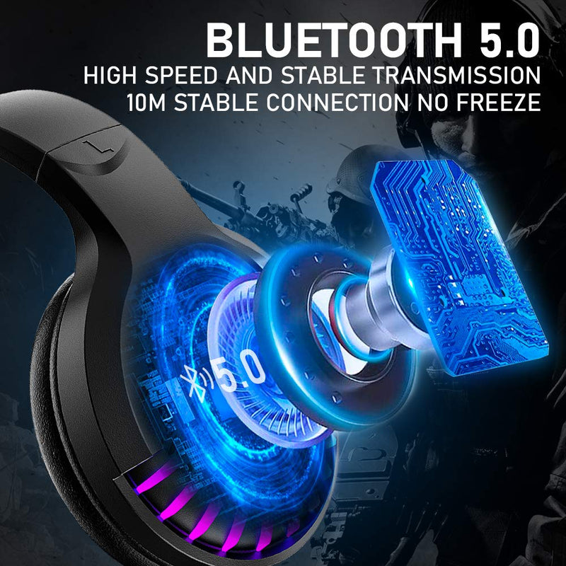 [Australia - AusPower] - Wireless Bluetooth Headphone with Noise Cancellation HiFi Stereo Sound Mic Deep Bass Protein Earpad Rainbow RGB Backlight Rechageable Over Ear Headset for PC Mac Game Travel Class Home Office(Black) Black 