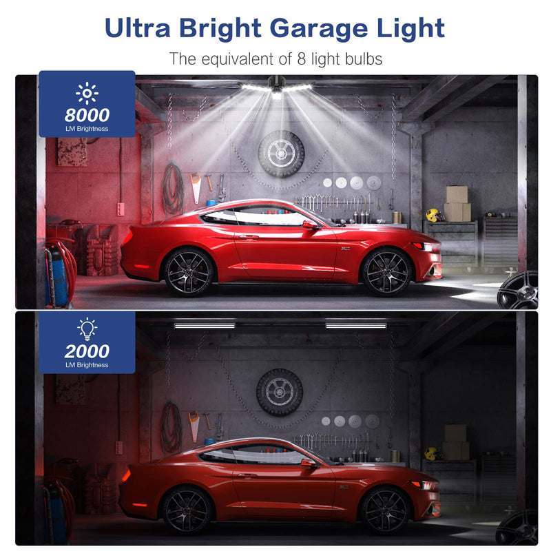 [Australia - AusPower] - Garage Light - LED Garage Light 2 Pack - 8000LM Glare-Free 360° Illuminator Garage Light - 60W 6500K Deformable Garage LED Light - E26/E27 Garage Light for Basements, Barn, Farmhouse and Attics 