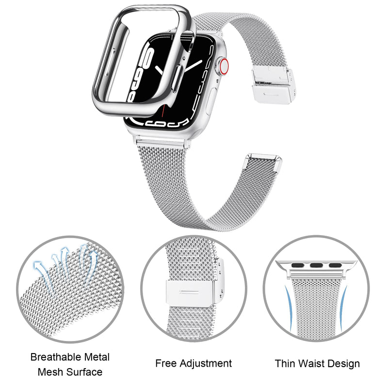 [Australia - AusPower] - DABAOZA Compatible for Apple Watch Band Series 7 41mm 45mm with Case, Metal Milanese Loop Women Girl Men Protective Bumper Frame Cover Adjustable Wristband for iWatch Series 7 Silver 