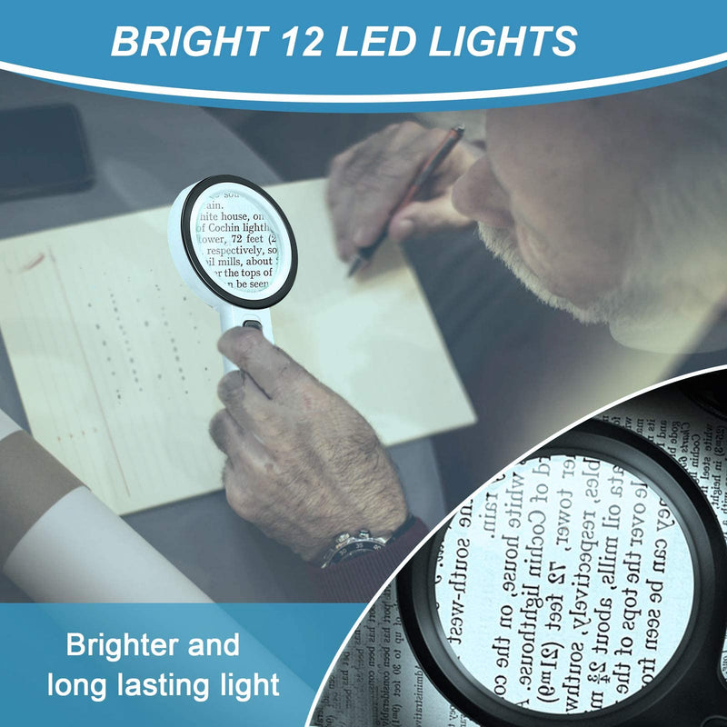[Australia - AusPower] - Magnifying Glass with 12 LED Lights, 30X Double Glass Lens Handheld Illuminated Magnifier Reading Magnifying Glass with for Seniors Read, Coins, Stamps, Map, Inspection, Macular Degeneration 