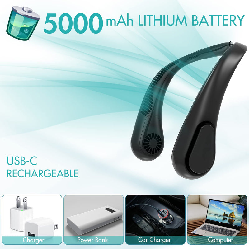 [Australia - AusPower] - Bladeless Neck Fan, 5000mAh Rechargeable Battery Powered, 3 Speeds, Angle Adjustable, Hand-free Neck Fan for Both Outdoor & Indoor Use, UL Certified, Black 