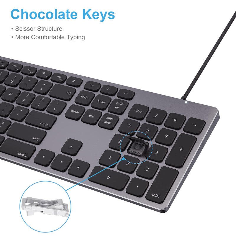 [Australia - AusPower] - Wired Keyboard for Apple Mac OS Computer/Laptop, Aluminum Alloy Housing,150CM Cable Connection, Plug-N-Play USB Keyboard with Numeric Keypad Available to iMac/Mac Mini or MacBook Pro/Air-Black 