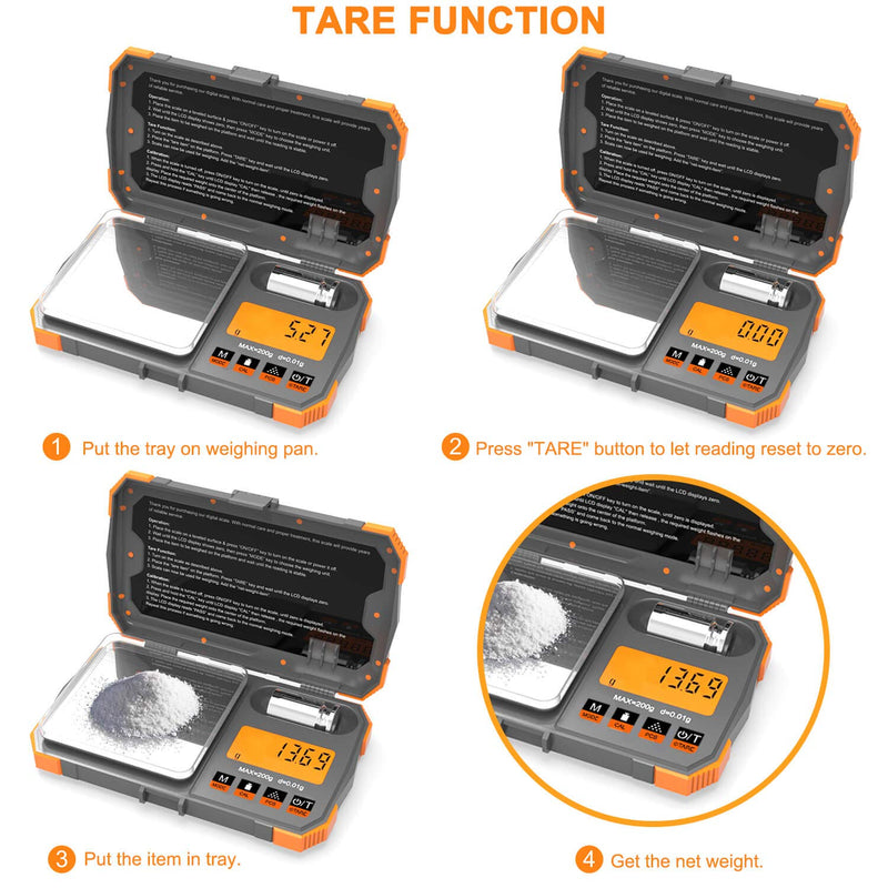 [Australia - AusPower] - Pocket Scale with Tray 200 x 0.01g High Precesion Gram Scale Arrow Scale Jewelery Coin Scale 50g Calibration Weight USB Cable Included Read in Gram Grain Carat Pennyweigh oz ozt Orange 