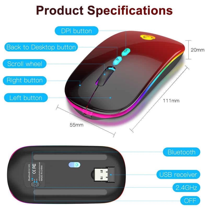 [Australia - AusPower] - LED Wireless Mouse Bluetooth &2.4GHz Instant Connection,Rechargeable Ultra Silent Slim,3 Adjustable DPI 2 Connection Modes with USB-C to USB Adapter for Laptop/MacBook/PC/Tablet/iPad (Black-red) Black-red 