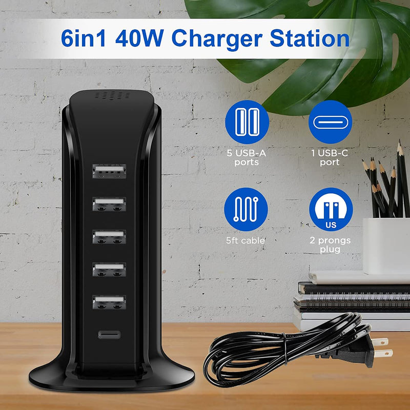 [Australia - AusPower] - Charger Block 6 in 1 Upoy, 40W USB C Charger 3A, Charging Hub with 5 USB Ports(Shared 6A) for Multiple Electronics, USB Charging Station Multiports, Universal Desktop Phone Charger Travel Ready, Black black charging hub 
