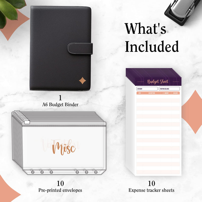[Australia - AusPower] - A6 Budget Binder with Cash envelopes for budgeting - Black PU Leather Money Organizer for cash, 10 Gold Vinyl Printed Stickers Money Envelopes 