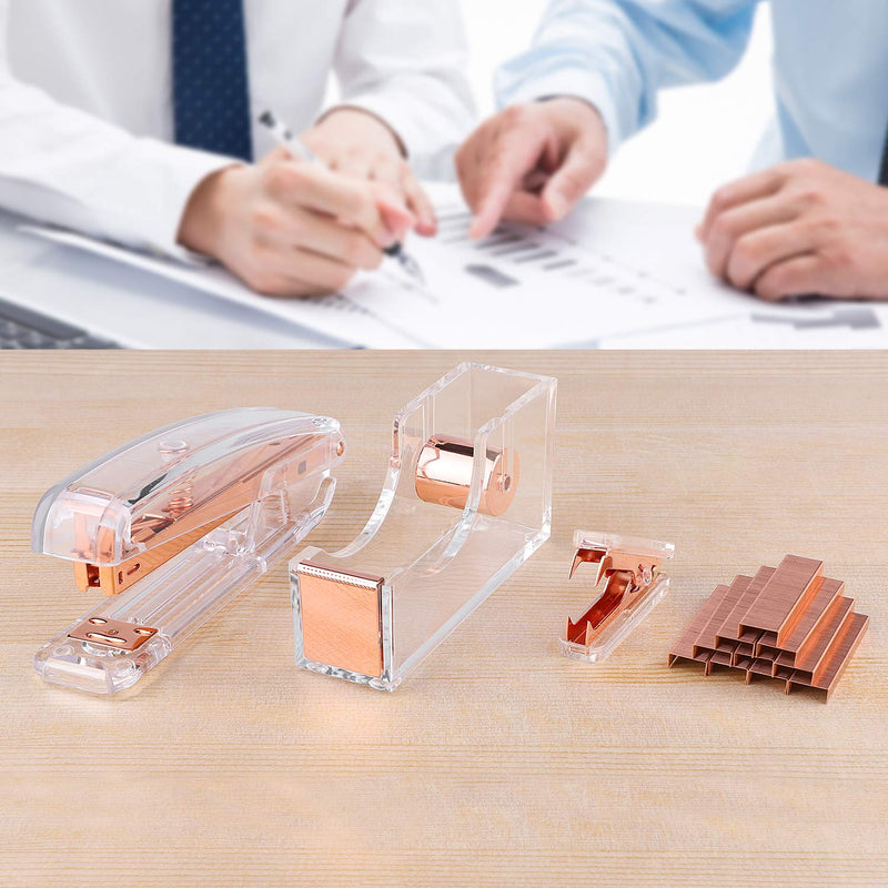 [Australia - AusPower] - ALSISK Desk Accessory Kit,Acrylic Stapler Set, Tape Dispenser, Staple Remover with 1000pcs 26/6 Staples -Rose Gold 
