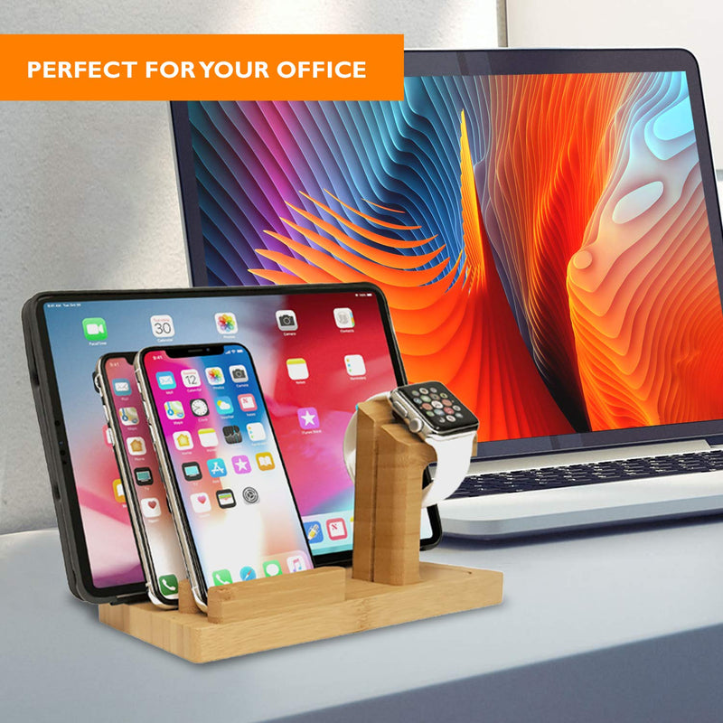 [Australia - AusPower] - Audiology Bamboo Charging Station Multi Device Charging Station for Phones, Tablets, Watches with Four USB Ports and USB Cable a) iPhone/iWatch Stand 