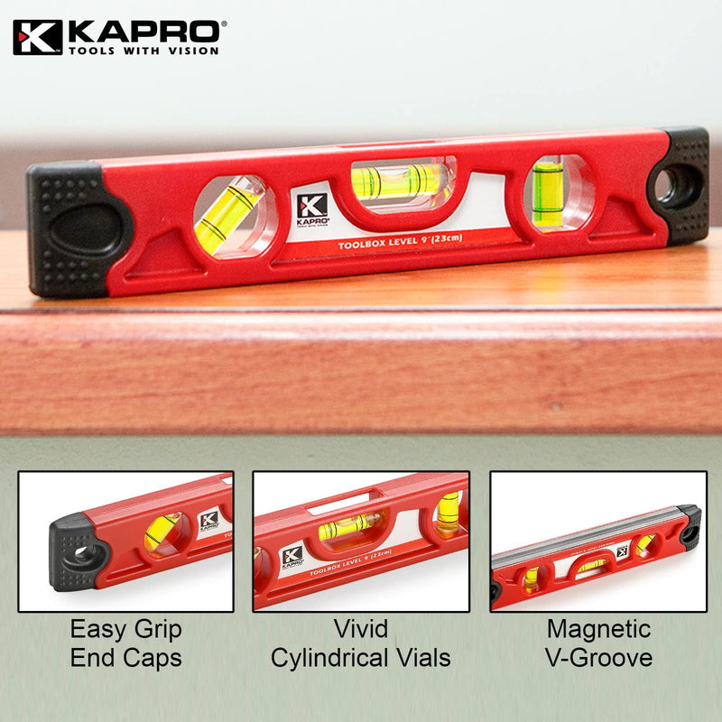 [Australia - AusPower] - Kapro - 227 Toolbox Level - 9-Inch - for Leveling and Measuring - Features V-Groove, Magnet Strip, Rubber End Caps, and Colored Vials 
