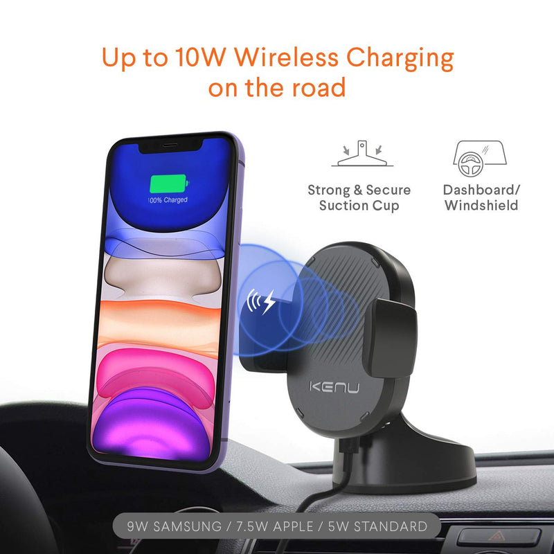 [Australia - AusPower] - Kenu Airbase Car Phone Mount Wireless Charger - Windshield, Dashboard, Desk Phone Holder - Suction Cup and 360 Degree Pivot, Qi Fast-Charging - Use with Latest iPhones, Samsung and Androids Suction Mount 