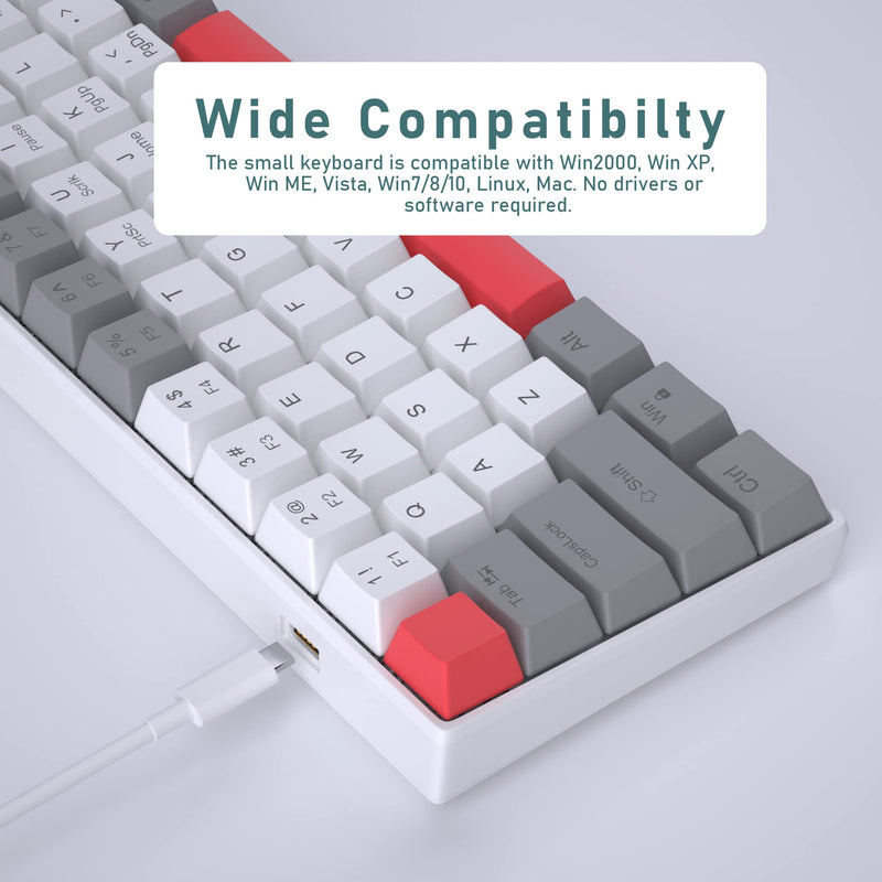 [Australia - AusPower] - 60% Mechanical Gaming Keyboard, Grey&White Gaming Keyboard with Hot Swappable Linear Red Switches, Wired Detachable Type-C Cable Mini Keyboard with Powder Blue Backlight for Windows/Mac/PC/Laptop grey&white with hot swappable red switch 
