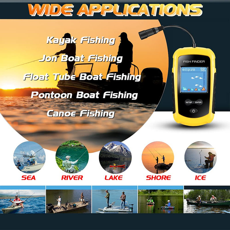 [Australia - AusPower] - Atibin Handheld Kayak Fish Depth Finder Portable Transducer Fish Finder Sonar Boat Dock Fish Finders Display Water Fishing Yellow 