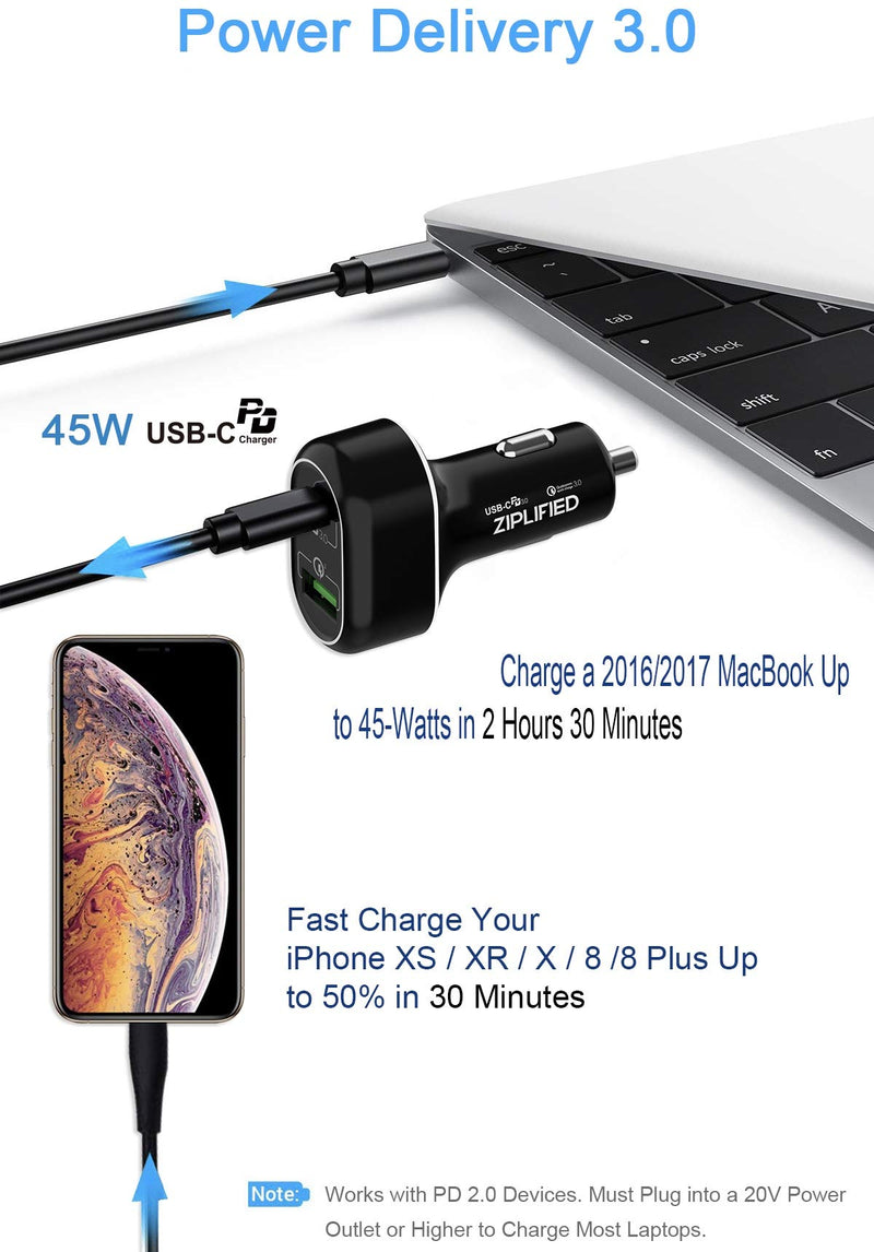 [Australia - AusPower] - Ziplified USB C Car Charger, 45W Power Delivery 3.0 & 18W QC 3.0 Dual Port Adapter for MacBook 2016, iPhone Xs Max, XR, X, 8, Samsung Galaxy S10, S9, Pixel 2/3/XL and More 