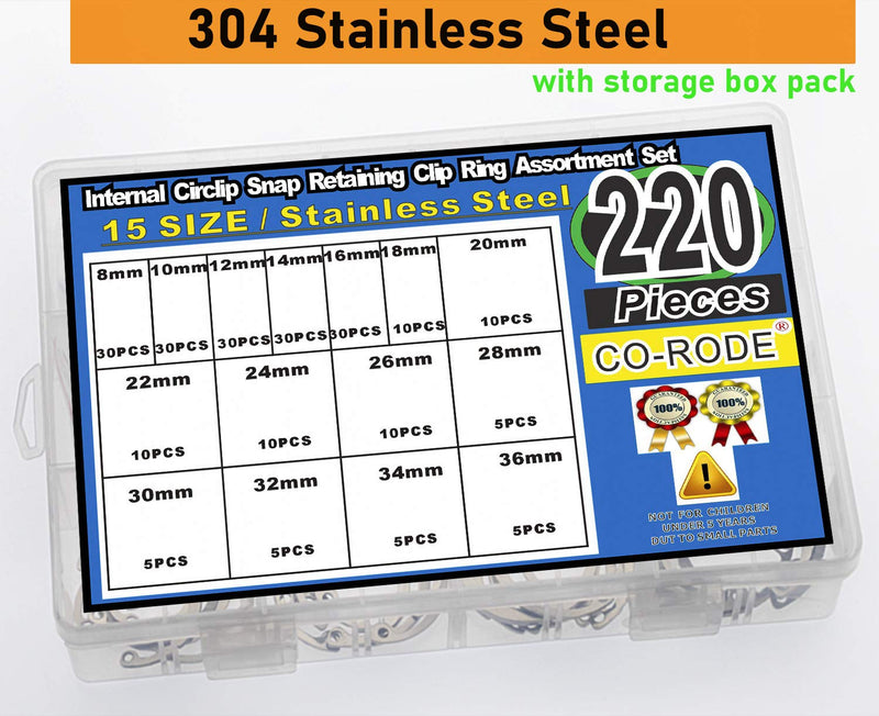 [Australia - AusPower] - CO-RODE 220Pcs 304 Stainless Steel Internal Circlip Snap Retaining Clip Ring Assortment Set 