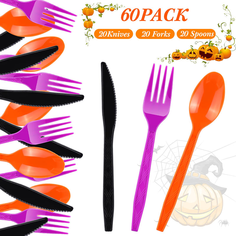 [Australia - AusPower] - 60 Pieces Halloween Plastic Cutlery Set Halloween Forks Spoons Knives Utensils Colored Black Orange Purple Disposable Tableware for Halloween, Zombie Cosplay, Trick Or Treat Party Supplies 