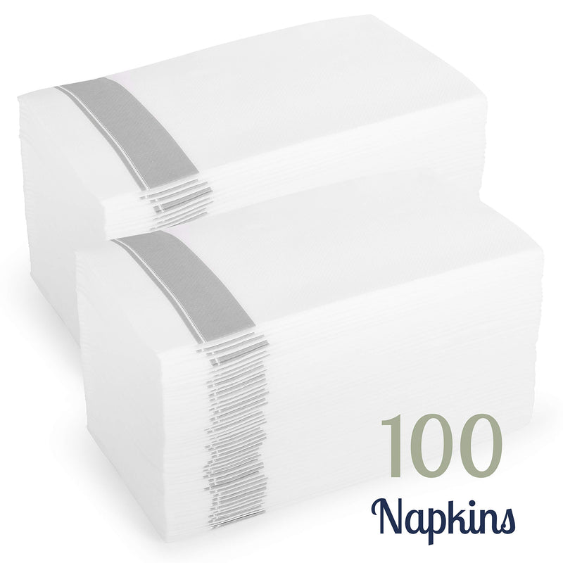 [Australia - AusPower] - [100 Count] Cloth Feel Guest Towels Dinner Napkins With Silver Design Disposable, Elegant, Soft, Absorbent, Quality, Bathroom Paper Hand Towels, Wedding, Party, Napkins 100 Silver Border 