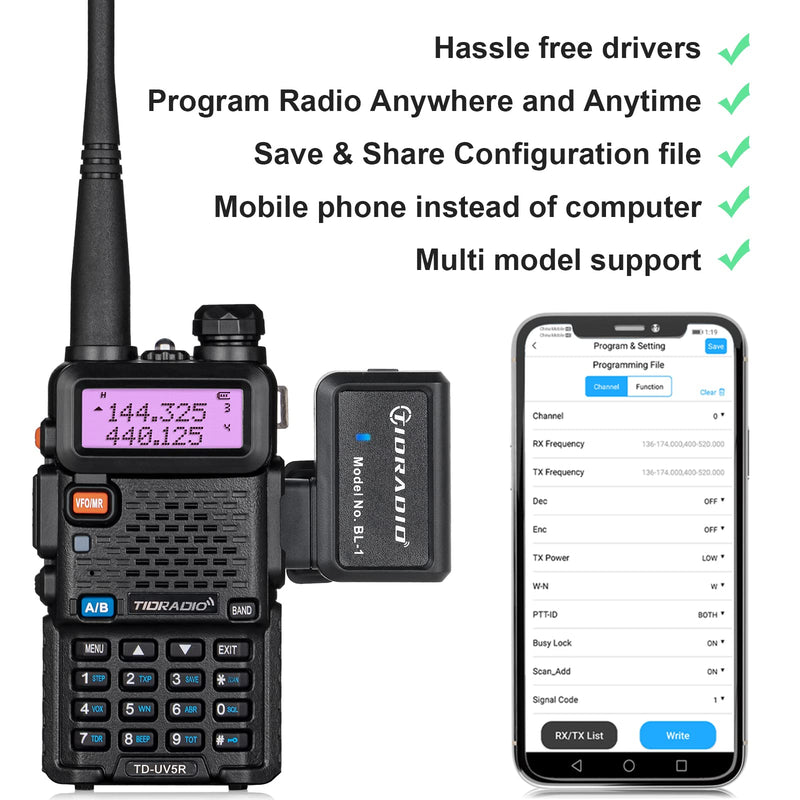 [Australia - AusPower] - TIDRADIO Ham Radio Wireless Programmer Adapter Phone APP Programming for Baofeng uv-5r No Driver Issues Adapt to Multiple Models 2 Way Radio uv-5r Series Instead of Program Cable 1 Pack… 