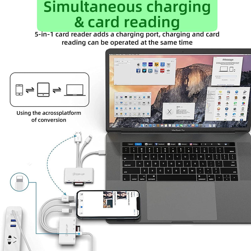 [Australia - AusPower] - Top-Up 5-in-1 SD Card Reader - USB 3.0 OTG Adapter & Card Reader for iPhone / iPad / Android / Mac / Camera with Micro SD & SD Card Slots, Fast Charging Ports, Supports SD/ Micro SD /SDHC/ SDXC/ MMC 