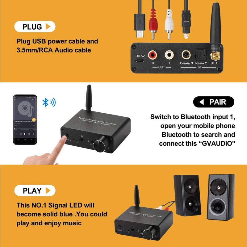 [Australia - AusPower] - 192kHz Digital to Analog Converter Bluetooth 5.0 Receiver DAC with 16-300Ω Headphone Amplifier Optical/Coaxial to RCA 3.5mm Audio Output with Volume Control for TV Phone Tablet (Normal, Basic) 