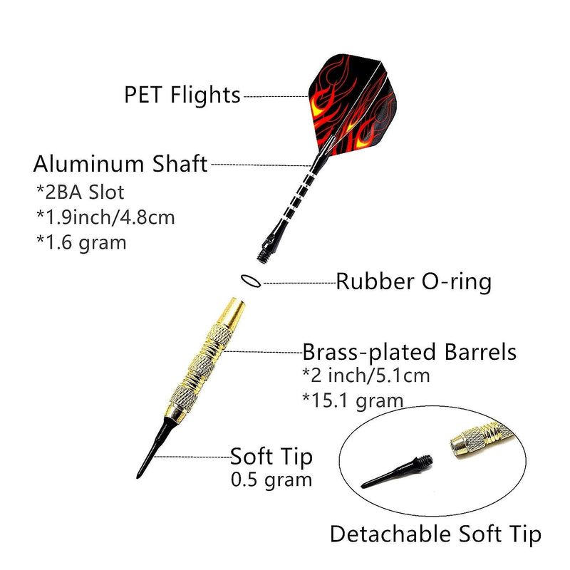 [Australia - AusPower] - ROOBEEO Soft Tip Darts 12 Pcs 18g Plastic Tip Darts Set with Brass Steel Barrels&Aluminum Shafts,200 Extra Dart Tips 42 Dart Flights 20 Extra Rubber Rings and 1 Storage Bag for Electronic Dart Board 