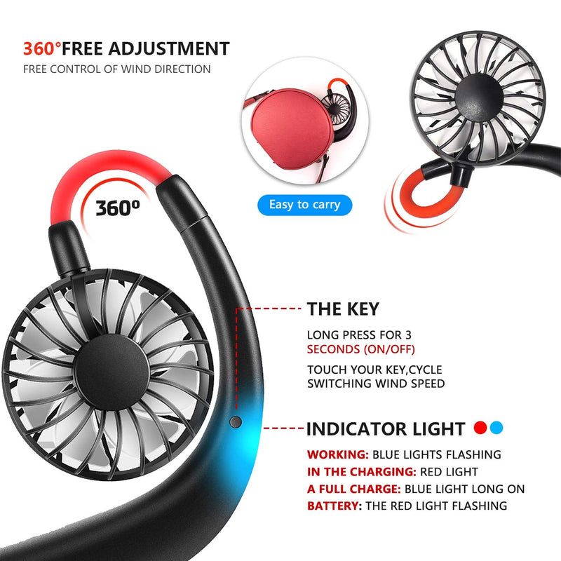 [Australia - AusPower] - Neck Fan Portable Personal Hand Free Mini Lazy person USB Neck Fan 360 Degree Rotation Cooling Handheld Wearable Suitable Fan for Office Household Travel Room Outdoor Sports (Black) Black 