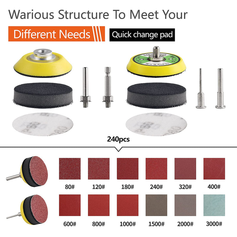 [Australia - AusPower] - Tshya 240pcs 2inch Sanding Discs Pad Variety Kit for Drill Grinder Rotary Tools Attachment with 2Pcs 1/8"&1/4" Shank Backer Plate, Sanding Pads Includes 80-3000 Grit 2in 244Pack 