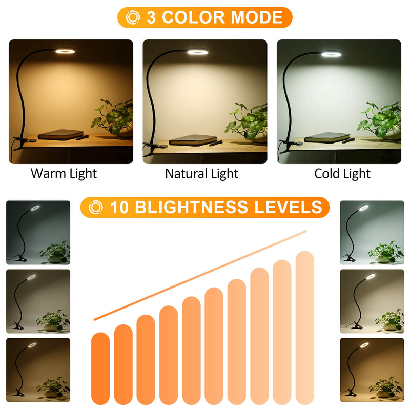 [Australia - AusPower] - Clip on Light Reading Lights , 48 LED USB Desk Lamp with 3 Color Modes 10 Brightness, Eye Protection Book Clamp Light , 360 ° Flexible Gooseneck Clamp Lamp for Desk Headboard and Video Conference 