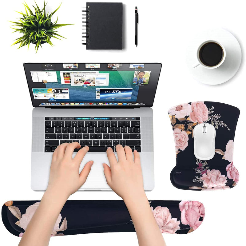 [Australia - AusPower] - MOSISO Wrist Rest Support for Mouse Pad & Keyboard Set, Peony Ergonomic Mousepad Non-Slip Base Home/Office Pain Relief & Easy Typing Cushion with Neoprene Cloth & Raised Memory Foam, Black 