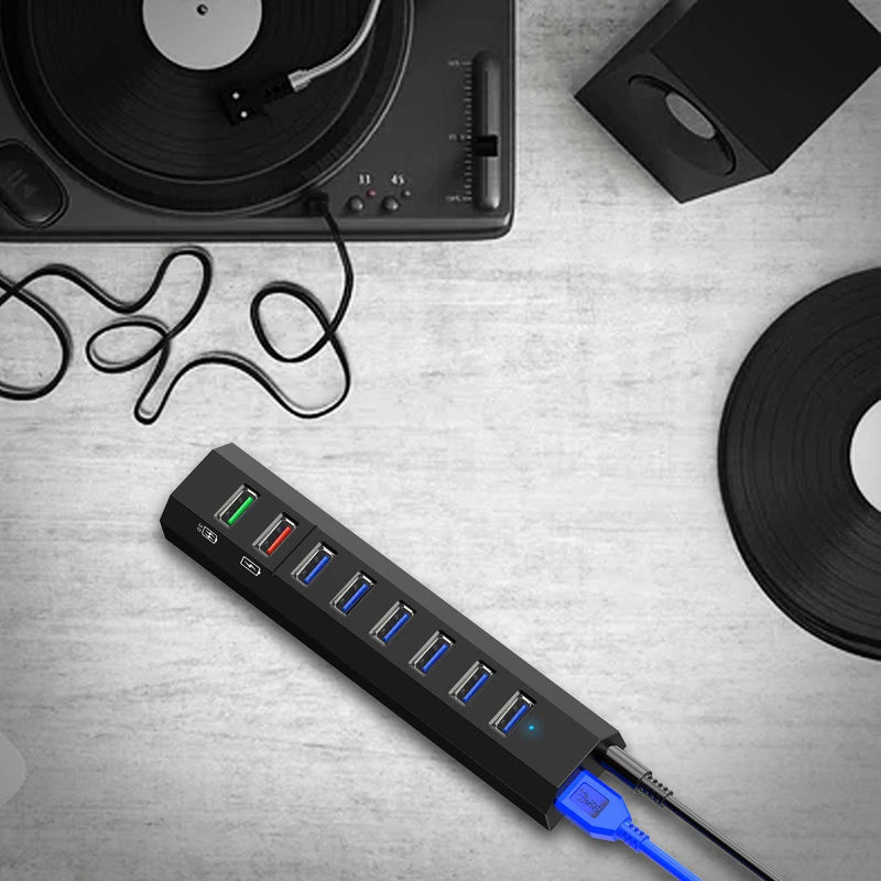 [Australia - AusPower] - 8-Port USB Hub, RAOYI USB Hub 3.0 Powered, 6 Port USB 3.0 Data Hub with 12V Power Adapter, 3.3ft USB Cable for MacBook, Mouse, Laptop, PC, USB Flash Drives, HDD Hard Drive (Black) Black 