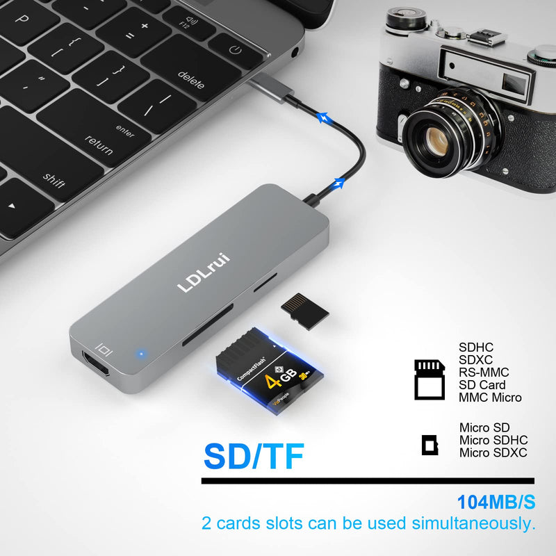 [Australia - AusPower] - 4K 60Hz USB C Hub HDMI Adapter for MacBook Air/Pro, LDLrui (7-in-1) USB C Multiport Adapter with 4K 60Hz HDMI, 100W Power Delivery, 10Gbps USB-C and 2 USB-A Data Ports, SD/Micro SD Card Reader Grey 