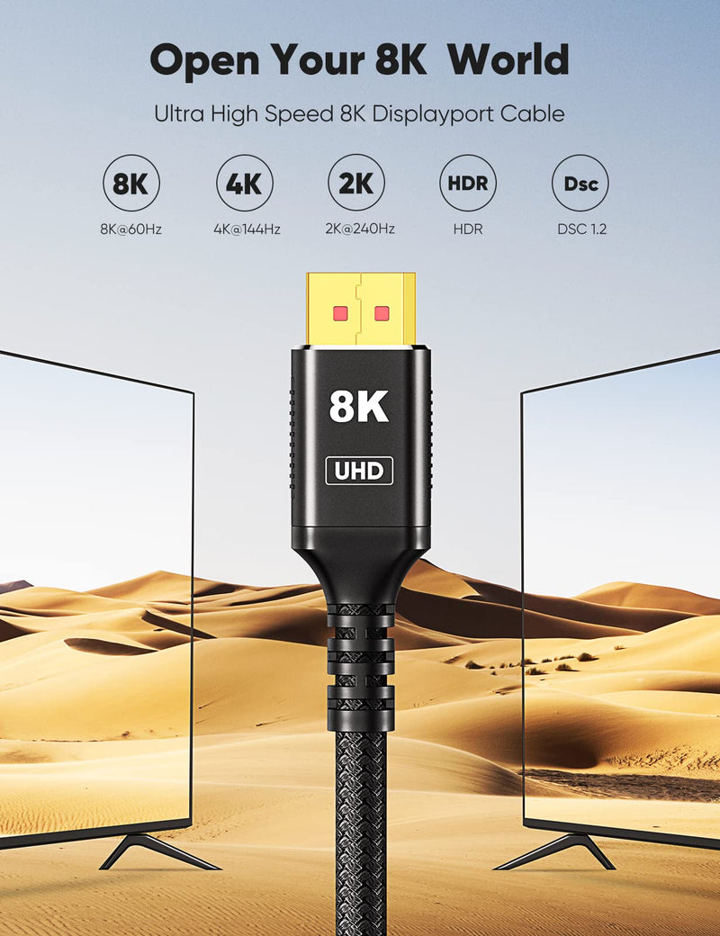 [Australia - AusPower] - 8K DisplayPort Cable 1.4 6.6FT, Snowkids Display Port Cable 144hz,Ultra High Speed 32.4Gbps,DP Cable 8K@60hz, 4K@144Hz，2K@165hz, HDR, HBR3 Display Port Cord for Laptop/PC/TV/Gaming Monitor-Black Black 