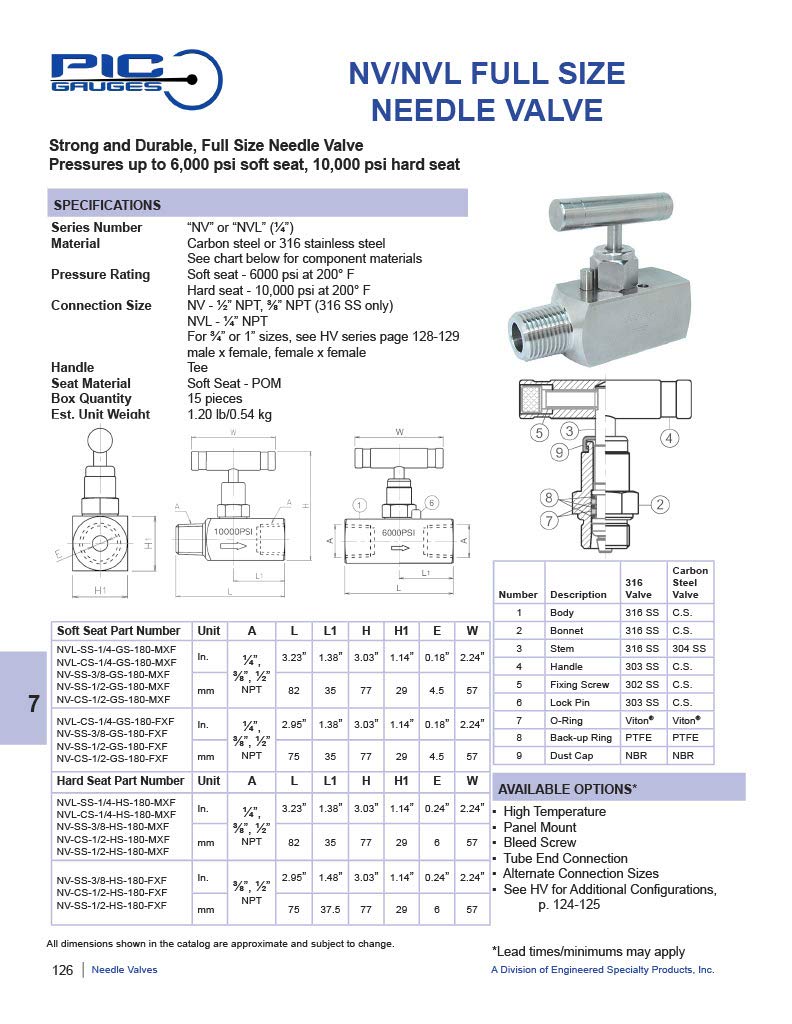 [Australia - AusPower] - PIC Gauge NV-CS-1/2-HS-180-MXF Carbon Steel Straight Needle Valve with Hydraulic Service Seat, 1/2" Male NPT x 1/2" Female NPT Connection Size, 10000 psi Pressure 0.5 Inch M x F 