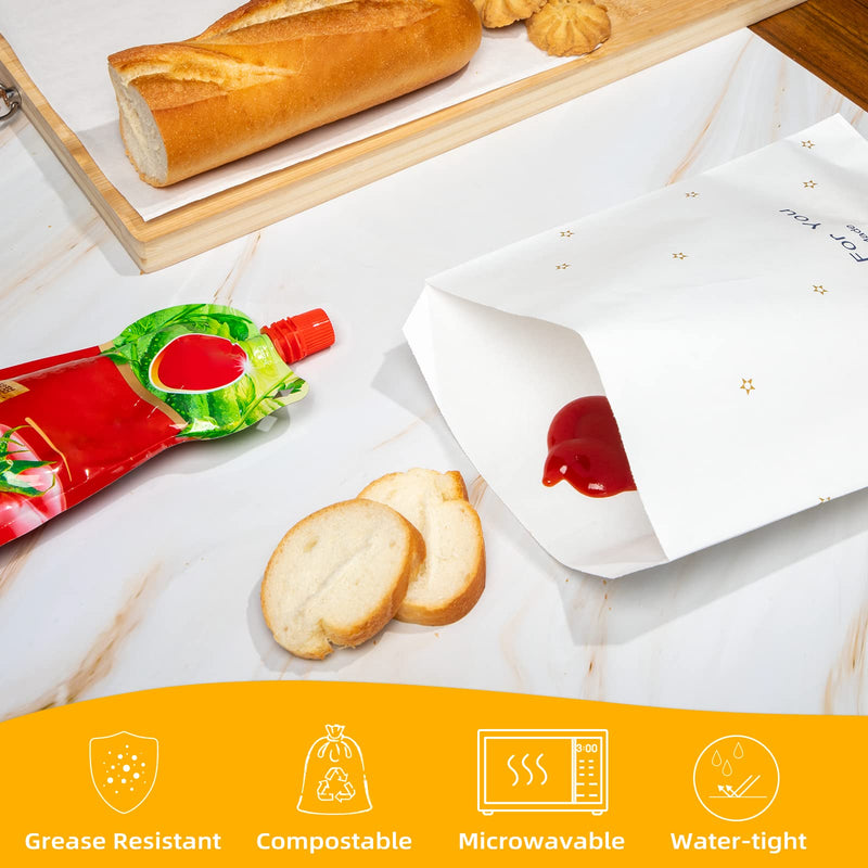 [Australia - AusPower] - 100 PCS Paper Bags,8"x10" Paper Sandwich Bags Food Grade Grease Resistant, White with Golden Star Paper Stock Bags for Bakery Cookies,Candies,Treats,Snacks,Sandwiches 8"x10" 