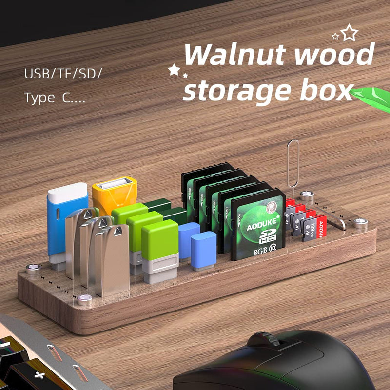 [Australia - AusPower] - FEIFANZHE Wooden Memory TF SD Card Case Box and USB Drive Stand / SD Card Holder Desk,Micro SD Card Case,Memory Card Case, Mobile Card Taking Needle Carrying Case-01M pure walnut wood 