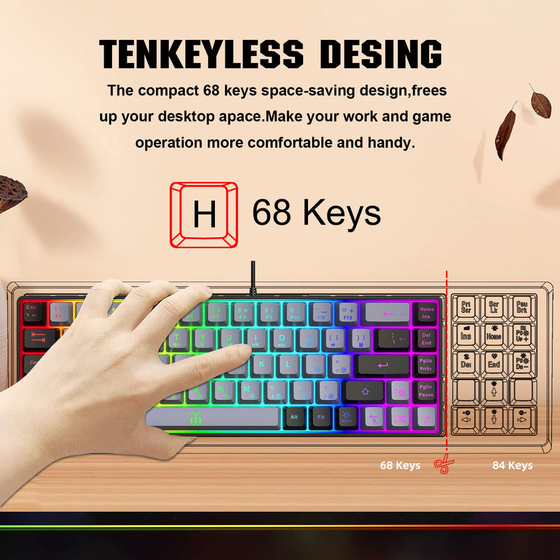 [Australia - AusPower] - Snpurdiri 60% Gaming Keyboard,RGB Compact Mini Keyboard,Wired Computer Membrane Keyboard for Windows PC Gamers(68 Keys,Grey -Black) Grey Black 