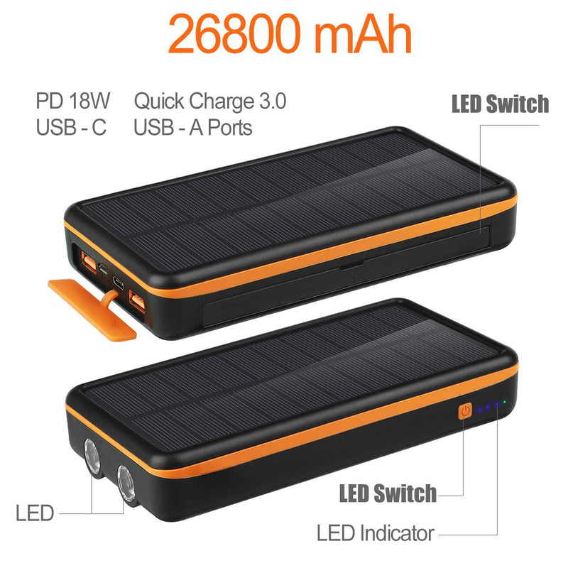 [Australia - AusPower] - Solar Charger, 26800mAh Fast Charging PD 18W Power Bank of Portable, Waterproof Baterry for Camping Outdoor for iOS Android 