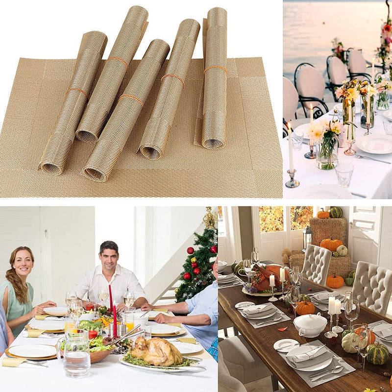 [Australia - AusPower] - FGSAEOR Placemats Place Mats for Kitchen Dining Table, Heat-Resistant StainAnti-Skid Washable PVC Table Mats, Easy to Cleaning Woven Vinyl Dinner Mats (Gold, 6 Pack) Gold 