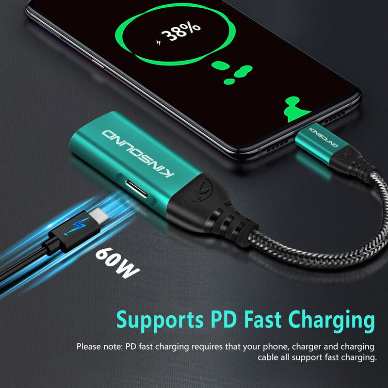 [Australia - AusPower] - USB C to 3.5 Headphone Jack Adapter, Kinsound 2 in 1 USB C Audio Adapter with Fast Charging for Samsung S21 S20 S20+ Ultra Note 10/10+, Pixel 4/3/2/XL, iPad Pro (Green) Green 