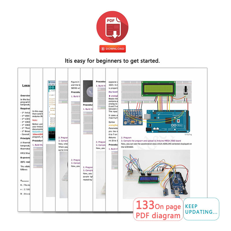 [Australia - AusPower] - Adeept Ultimate Starter Kit Compatible with Arduino IDE Mega 2560 LCD 1602, Stepper Motor, ADXL345, Learning Kit with PDF Guidebook 