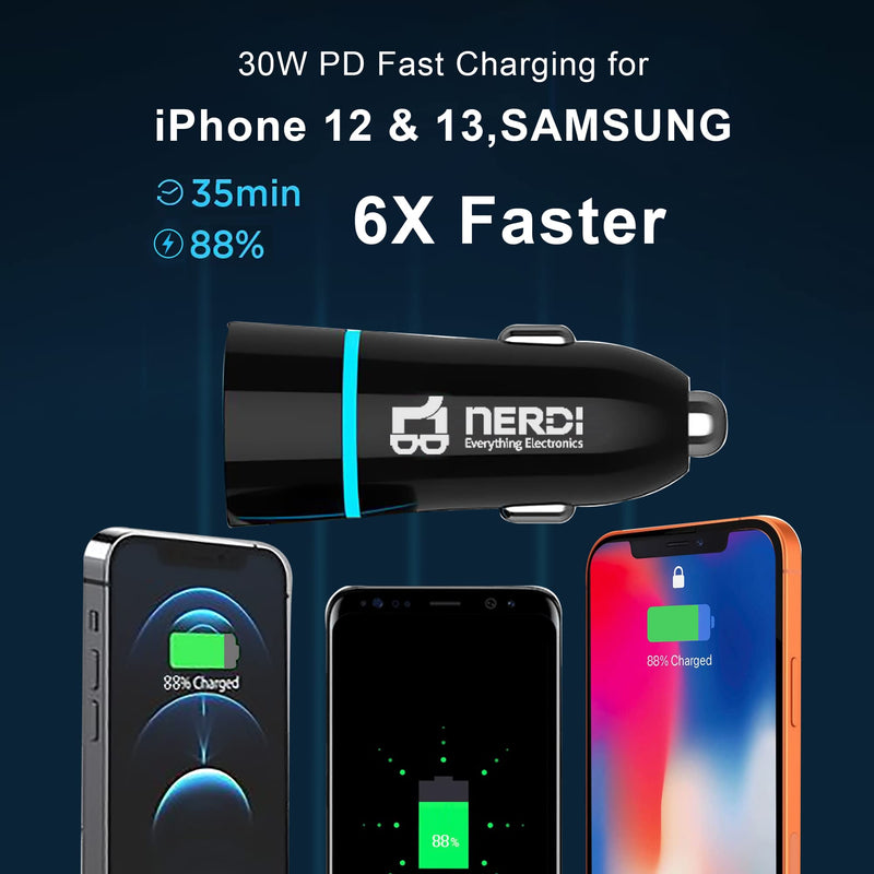 [Australia - AusPower] - Nerdi 51W Fast USB C Car Charger Adapter with Power Delivery and Quick Charge 3.0 Compatible with Apple Iphone13/12/11 Mini/XR/X/XS/Pro/ProMax, Ipad Pro/Samsung S21/10/10E/9/7/Plus/J7, Note8, LG, GPS 