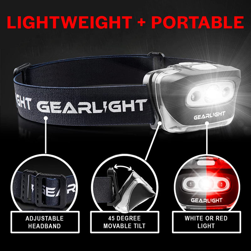 [Australia - AusPower] - GearLight LED Head Lamp - Pack of 2 Outdoor Flashlight Headlamps w/ Adjustable Headband for Adults and Kids - Hiking & Camping Gear Essentials - S500﻿ White, Black 