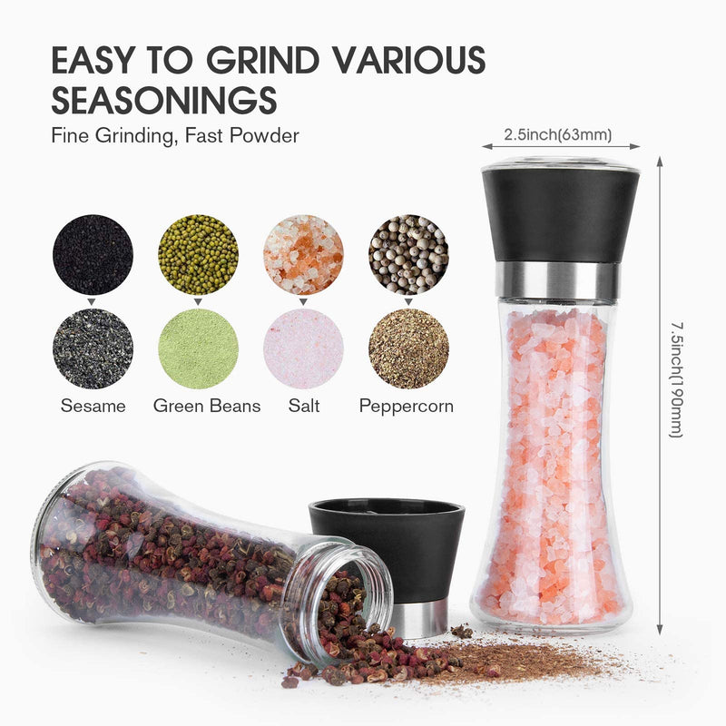 [Australia - AusPower] - Hotder Premium Pepper and Salt Grinder Set of 2-Refillable Coarseness Adjustable Pepper Mill Shaker with Glass Body Christmas Gift( Two Pack),(Not Include Salt and Pepper) 7.5 Tall 