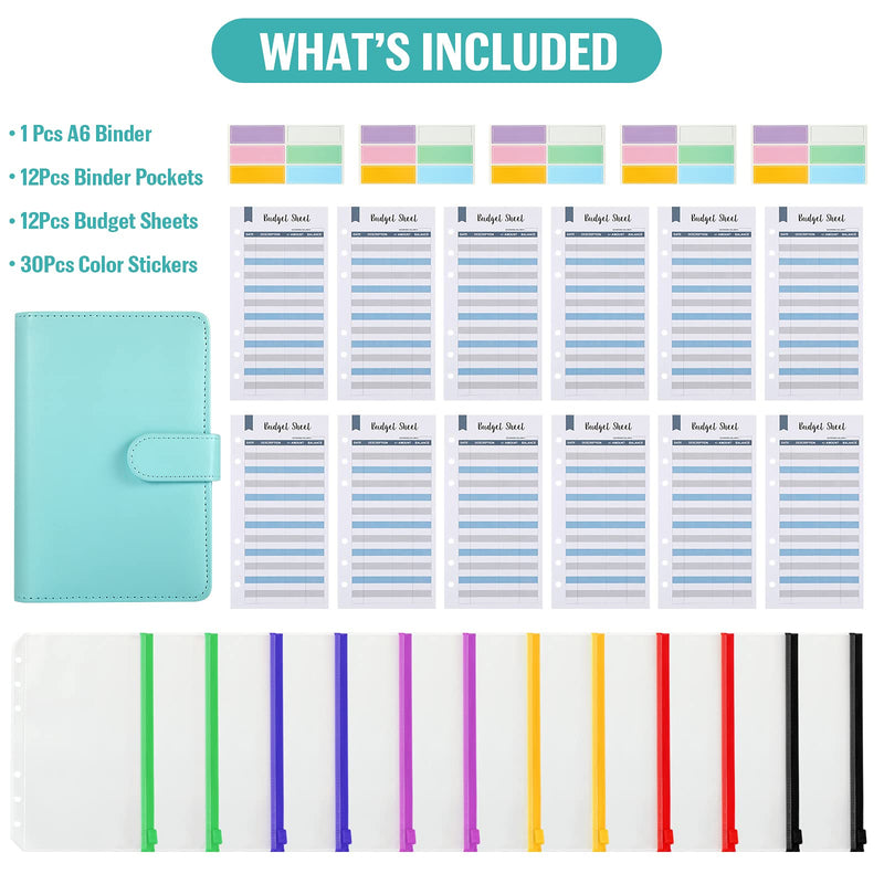 [Australia - AusPower] - Budget Binder Organizer, A6 Cash System Planner for Money Receipts Budgeting,PU Leather Notebook,12 PCS Clear Cash Envelope ,12 Expense Tracker Budget Sheets and 30 Colorful Labels(Mint Green, A6) Mint Green 