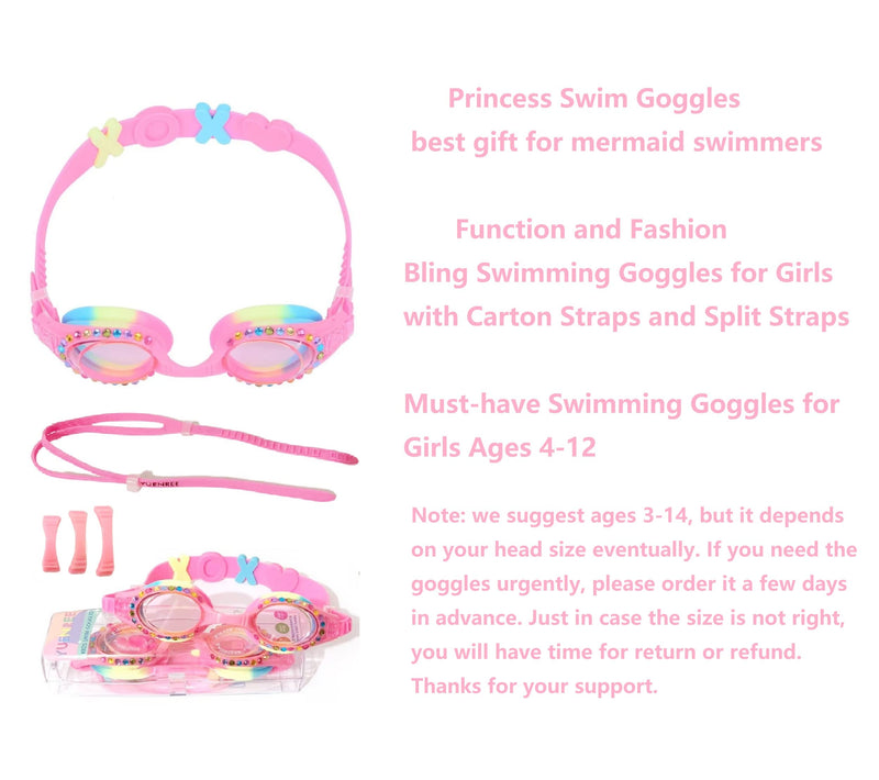 [Australia - AusPower] - YUENREE Bling Swimming Goggles for Girls Ages 3-14 - Anti-Fog, UV Protection, Easy to Adjust - with Hard Travel Case 01: Clear Lens W/ Rainbow 