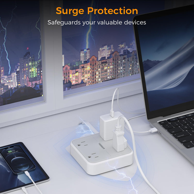 [Australia - AusPower] - Surge Protector Power Strip, TESSAN 5 ft Extension Cord Flat Plug with 4 Widely Outlets, Indoor Desk Charging Station with Surge Protection for Home, Office Supplies, Dorm Room Essentials Grey & Surge Protector (No USB) 