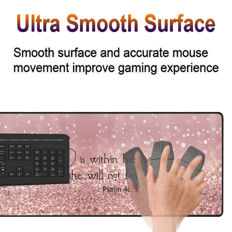 [Australia - AusPower] - XMTMR-Glass Extended Gaming Mouse Pad with Seam, Long XL Desktop Keyboard Pad, Suitable for Work/Game/Office/Home, Butterfly Wrist Rest Pad and Coaster, Pink Glitter Quotes Psalm 46:5 Xg-g4-bc 001 