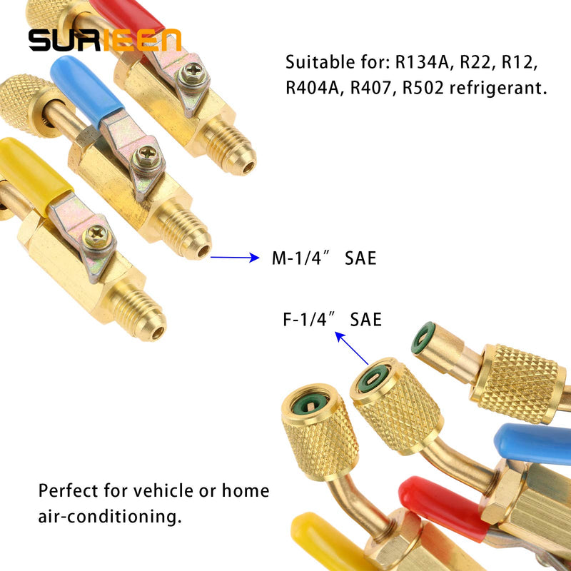 [Australia - AusPower] - SURIEEN 3 Pack R134A Angled Compact Shut-Off Ball Valve Adapter 3 Colors 1/4" SAE Thread Fits for HVAC Air Conditioning Refrigerant R134A R12 R22 R502 Charging Hoses Air Condition Refrigerant Tools 