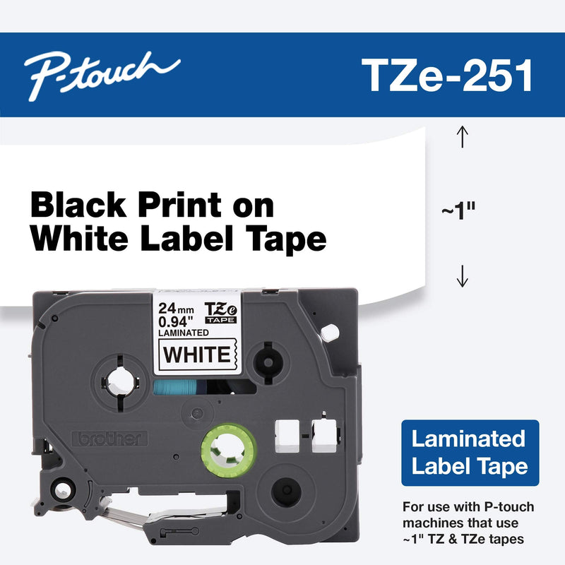 [Australia - AusPower] - Brother Genuine P-touch TZE-251 Tape, 1" (0.94") Standard Laminated P-touch Tape, Black on White, Perfect for Indoor or Outdoor Use, Water Resistant, 26.2 Feet (8M), Single-Pack 1" Tape 